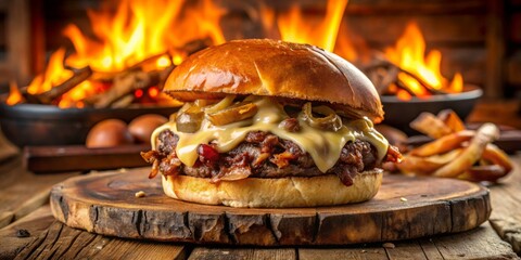 A lamb burger topped with caramelized onions, sautéed mushrooms, crispy bacon, and melted cheddar, Swiss, and provolone cheese, served on a worn, wooden table