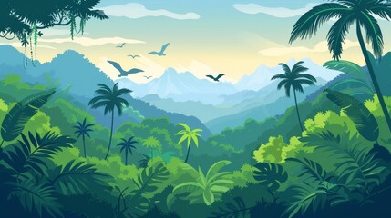 panoramic view of misty tropical rainforest with mountains in the horizon serene landscape