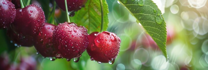 Sticker - Close-up of red cherries adorned with dew and raindrops on a branch featuring green leaves, set against a softly blurred backdrop.