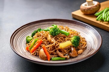 Yakisoba,  classic Japanese stir-fried noodle dish with sweet and savory sauce. Vegan version with vegetables.