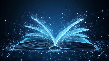 A glowing, open book with a digital, blue, glowing effect on the pages against a dark blue background.