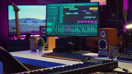 Fototapete - Empty creative space recording tunes and soundtracks with electronic tools, mixing and mastering in music industry. Home studio working with audio effects on songs, acoustics. Camera A.