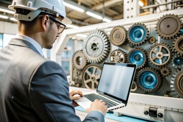 Poster - A focused engineer analyzes machinery performance data while standing in a modern factory, adorned with intricate gears and industrial equipment during daytime operations. Generative AI