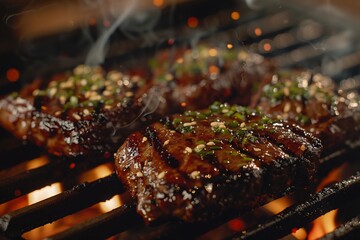 Wall Mural - Grilled beef steak with vegetables and spices. Flames and smoke on dark background. Baked meat. Delicious dish. Meat with spices and sauce.
