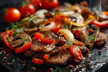 Wall Mural - Juicy roasted meat and mushrooms, appetizing look, hot seasoning vegetables.
