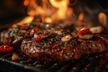 Wall Mural - Grilled beef steak with vegetables and spices. Flames and smoke on dark background. Baked meat. Delicious dish. Meat with spices and sauce.
