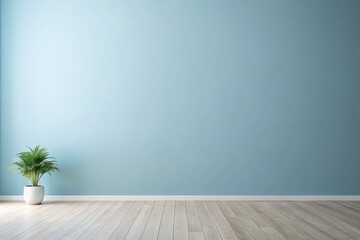 Poster - A serene interior featuring a light blue wall and a vibrant green plant set against polished wooden flooring in a minimalist room. Generative AI