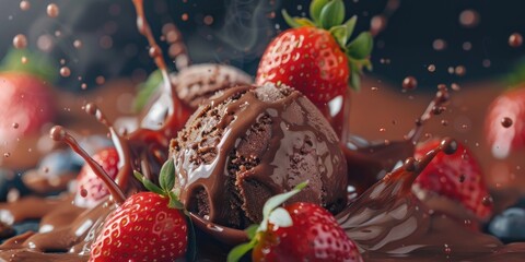 Wall Mural - Chocolate ice cream topped with fresh strawberries