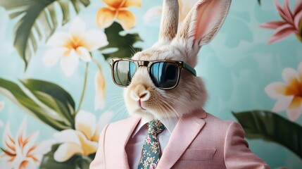 fashion bunny wearing sunglasses on tropical background elegant style background rabbit costume trendy style happy easter a rabbit wearing sunglasses and a suit with a tie
