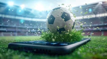 Wall Mural - Exciting Digital Bet Concept with Soccer Ball on Smartphone in Stadium