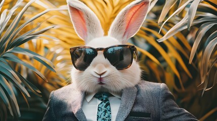 Wall Mural - fashion bunny wearing sunglasses on tropical background elegant style background rabbit costume trendy style happy easter a rabbit wearing sunglasses and a suit with a tie
