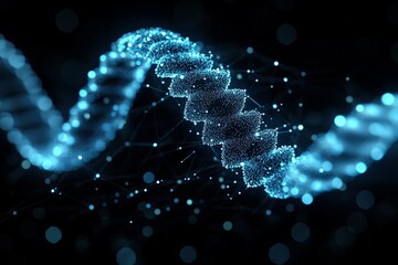 Poster - The artwork shows a glowing blue DNA helix in dark space, highlighting its intricate structure and connections. Generative AI