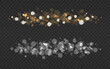 © Vegorus - Bokeh light. Gold and silver bright circles. Glowing sparks set. Luxury Christmas stardust for advertisement, poster, invitation. Blurred particles texture. Vector illustration.