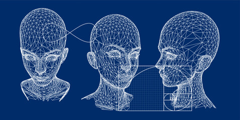 Aufkleber - Collage of 3d heads made of mesh and golden section on dark background. Illustration in techno futuristic style.