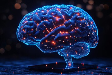 Poster - A luminous blue brain model displays intricate neural connections, creating a captivating visual in low light. Generative AI