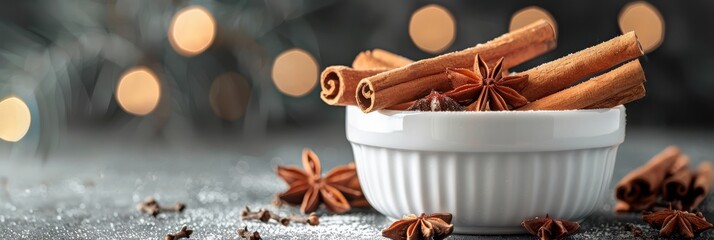 White porcelain bowl with fresh cinnamon sticks and star anise, capturing the essence of warm spices.