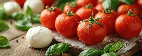 Wall Mural - Fresh tomatoes stuffed with creamy cheese, topped with basil leaves and a drizzle of olive oil. Free copy space for banner.