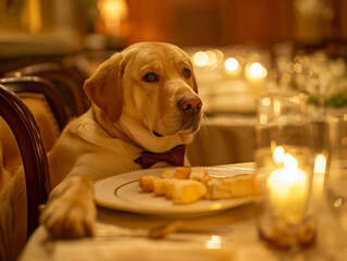 Wall Mural - A dog is sitting at a table with a plate of food in front of it. The dog is wearing a bow tie and he is enjoying its meal. The scene is set in a restaurant, with several chairs