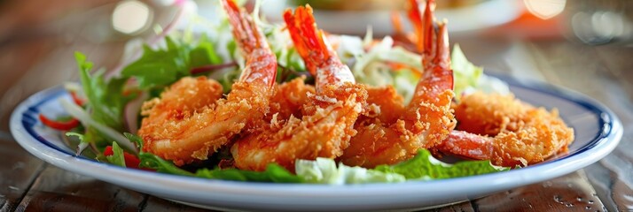 Wall Mural - Breaded Shrimp Tempura Served with Fresh Salad on a Plate - Vertical Perspective