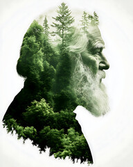 Wall Mural - Double Exposure Wise Old Man White Beard Tree Forest 