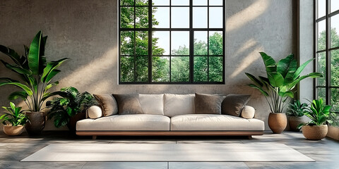 Wall Mural - Modern living room with a large beige sofa, surrounded by lush indoor plants, and a large window framing a green outdoor view. Ideal for interior design promotions, home decor brands, and eco-friendly