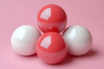 Poster - Four spheres, two red and two white, are artistically arranged against a soft pink backdrop, emphasizing their smooth surfaces. Generative AI