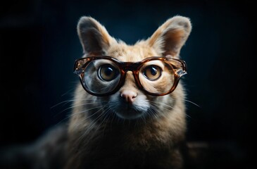 Cat wearing fashionable glasses in a photo studio. Vision problems. Myopia. Place for advertising text