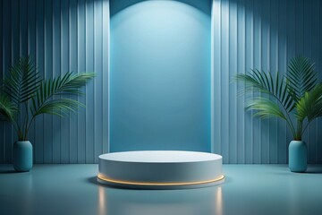 Poster - A serene display platform in a modern gallery surrounded by vibrant green palms illuminated by soft blue light, creating a tranquil atmosphere for artistic presentations. Generative AI