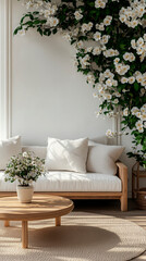 Wall Mural - Elegant living room corner featuring a minimalist wooden coffee table with a potted plant, a cream-colored sofa adorned with soft cushions, and a beautiful floral arrangement climbing the wall. 