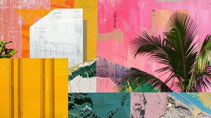 Canvas Print - Colorful Abstract Wall with Palm Fronds.