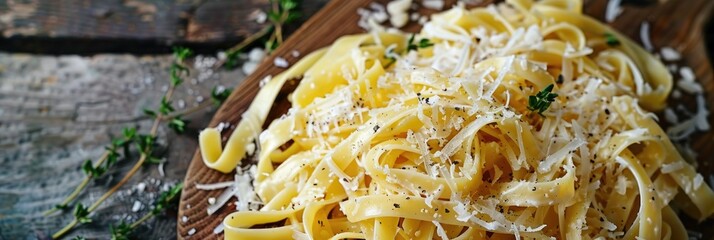 Canvas Print - Image of tagliatelle pasta served with parmesan cheese sauce and thyme herbs.