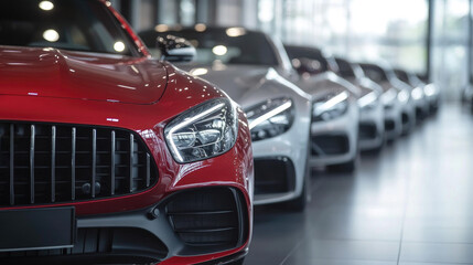 Luxury cars lineup in a showroom, with emphasis on the red car in the front. The background is blurred, highlighting the cars. Concept of luxury, individuality, discrimination