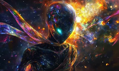 Sticker - Abstract Cosmic Being in Vibrant Space Environment with ai generated.

