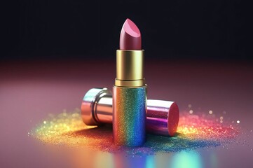 Bright shade of rainbow colored lipstick in gold tube on a black background. Lipstick colors range from deep red to shimmery pink. Glamorous lipstick on a shiny background with sparkles