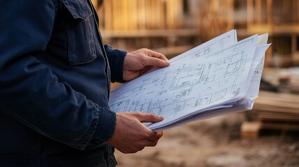 Wall Mural - Close-up of a site supervisor studying blueprints with a construction site in the background