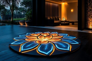 Diwali innovation in decor, illustrated with modern takes on traditional elements like digital diyas and LED rangoli