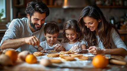  Young nuclear family making pancakes together. Parents and children in kitchen, preparing pancake batter, spending weekend day indoors. 