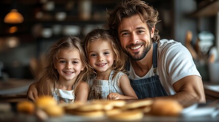  Young nuclear family making pancakes together. Parents and children in kitchen, preparing pancake batter, spending weekend day indoors. 