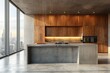 © Shweta - Modern wood and concrete kitchen interior with empty mock up place on wall, island, appliances and window with city view and daylight