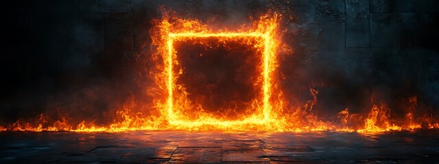 A bright, fiery frame of orange flames forms a glowing square against a dark, textured background. The intense fire contrasts the dark tiles, creating a dramatic, high-energy visual. 