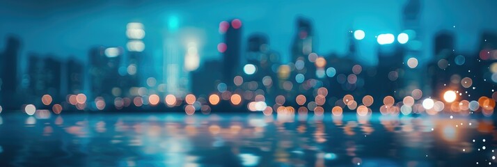 Poster - Blurred urban landscape featuring a lakeside view in shades of blue with bokeh lighting.