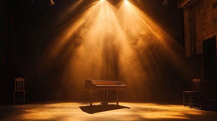 A Piano Illuminated on a Stage with Two Chairs