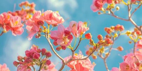 Poster - Close up of pink trumpet tree Tabebuia rosea flower buds in spring with stunning soft focus pink tabebuia flowers set against a captivating blue sky