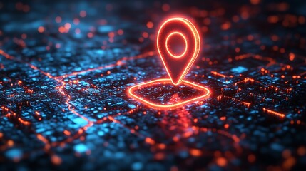 Digital location pin icon with binary code, artificial intelligence in navigation applications, location-based services, geospatial analysis tools, and personalized travel recommendations design