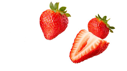 Wall Mural - strawberries. Falling strawberry fruits whole and cut in half isolated on transparency background PNG