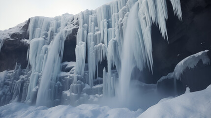 Wall Mural - Majestic Frozen Waterfall Cascading Over Snowy Rocks In Winter Landscape