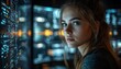 © Five Million Stock - AI cyber security concept. Female IT Computer specialist analyzing artificial intelligence digital threats to consumer data & privacy breach. Software developer coding & ethical hacking in dark office