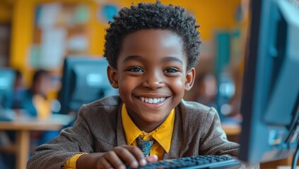 A smiling young Black boy in a school uniform is using a computer at a desk