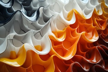 Poster - Textured waves of colorful molded plastic in black, white, orange, and yellow create a modern design. Generative AI