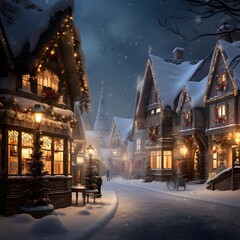 Wall Mural - Beautiful winter night in the village. Christmas and New Year.